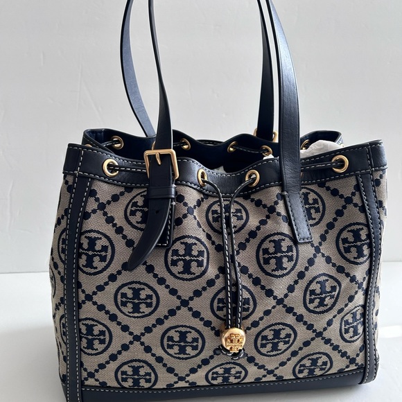 Tory Burch Handbags - Tory Burch T Monogram Jacquard Tote Navy Blue Leather Trimming  EUC